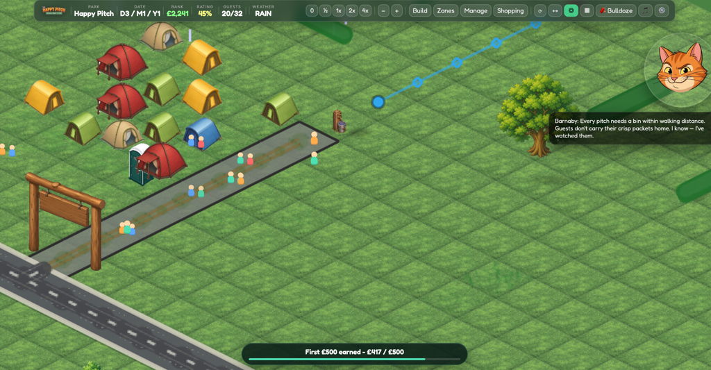 Screenshot of Happy Pitch Tycoon early browser playtest