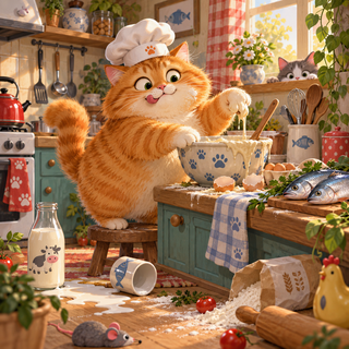 Funny Pet Chaos game artwork showing a playful orange cat chef in a kitchen