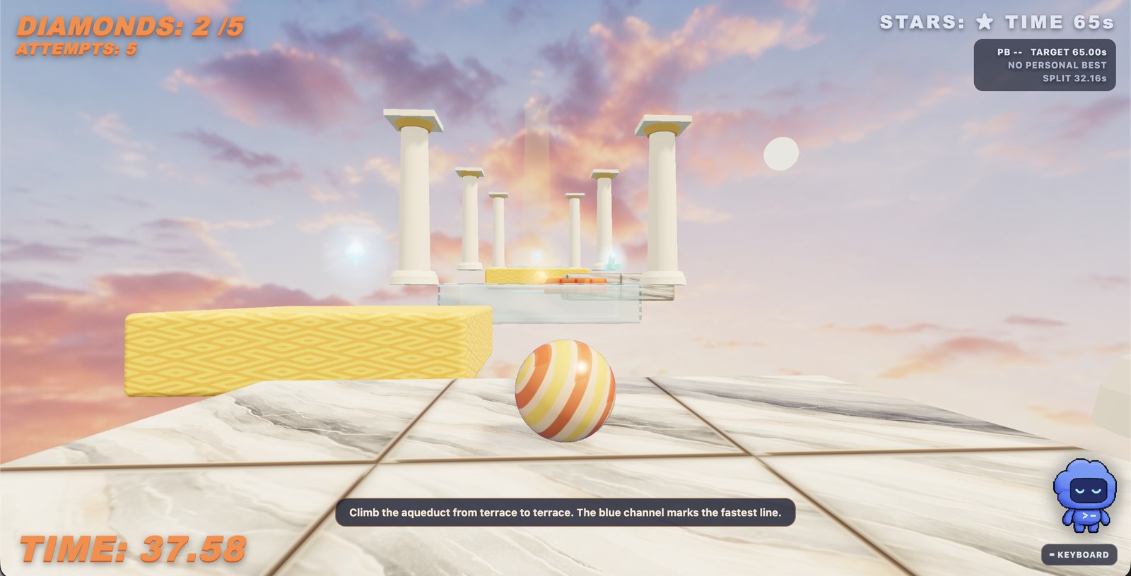 MarbleRun65 gameplay screenshot: rolling a striped marble across a sunset aqueduct course lined with classical columns